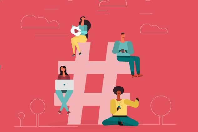 Image depicting a large hashtag and people sitting on it