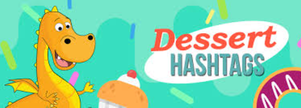 cartoonish image featuring a dragon and an ice cream titled: dessert hashtags