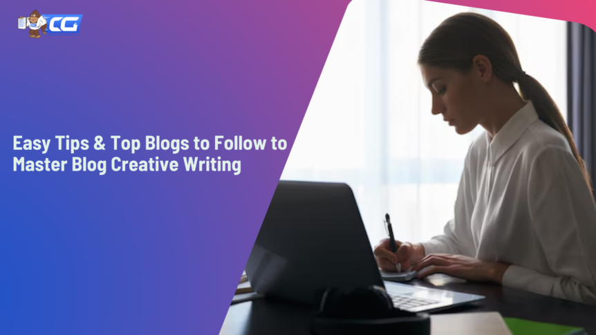 A woman is writing a blog post