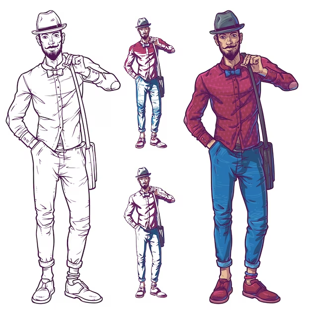 Drawings of a man wearing a hat and satchel