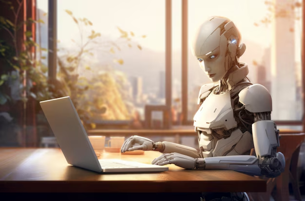 Illustration of Robot Thinking of Ideas and Writing