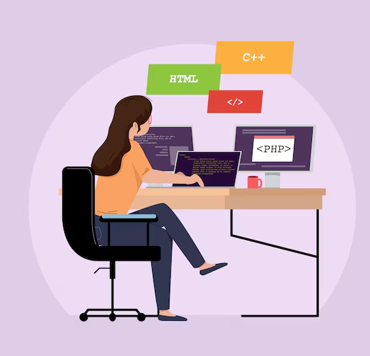 Graphic of Girl Creating an HTML Blog Post With the Help of HTML and CSS