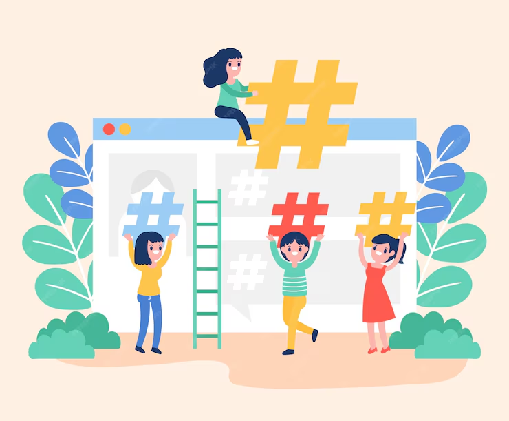 Illustration with four persons holding up hashtags