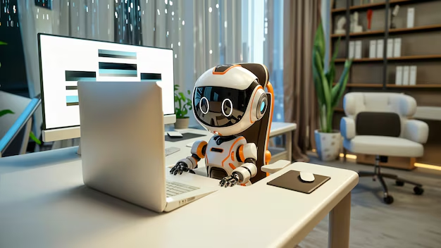 Cute robot sitting in front of a computer and working