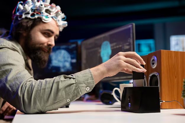 AI engineer working with EEG headset and inserting cartridge 