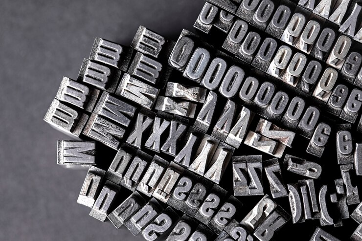 Metallic typesetting letters stacked in rows