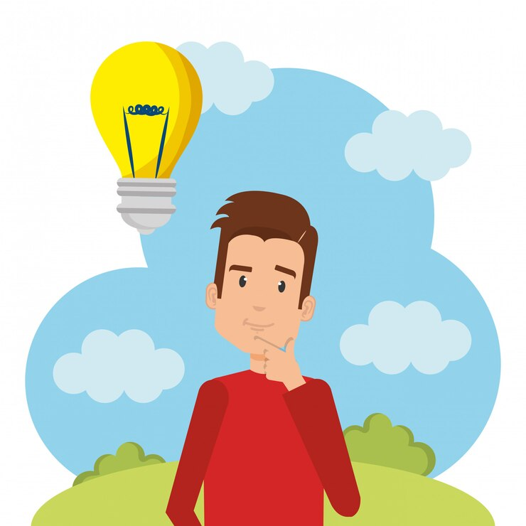 Man thinking of an idea with a light bulb beside him