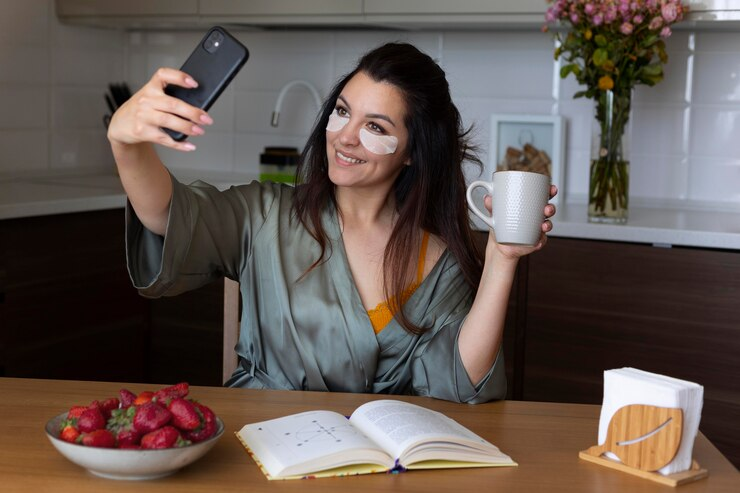 Woman taking a picture with a cup of tea in her hand