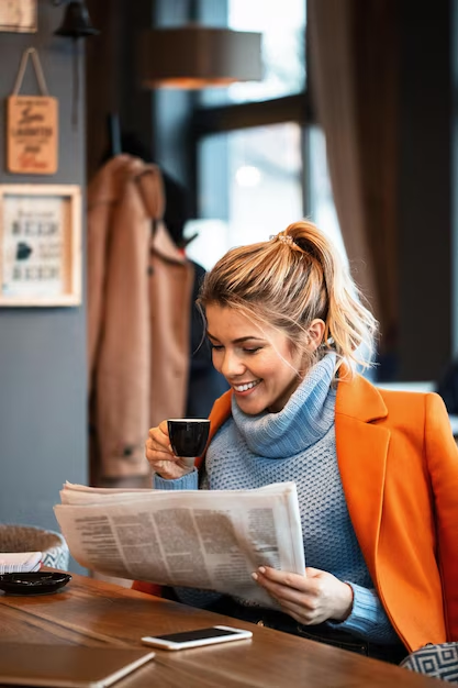 A businesswoman is reading a feature story in newspaper happily