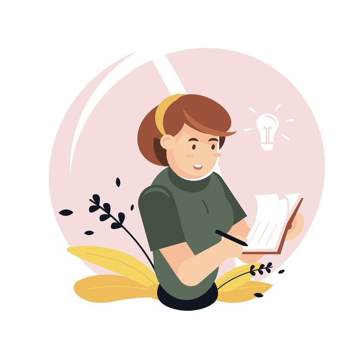 Illustration of a girl writing in a book with a floating light bulb beside her signifying a good idea for a title tag