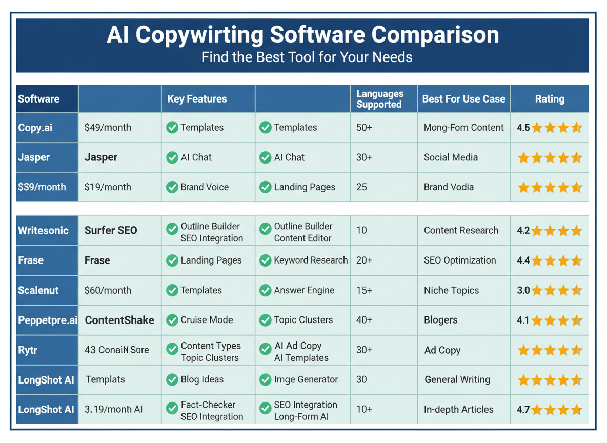 Top 10 Copywriting Software Tools Compared (Features, Pricing & Best For)